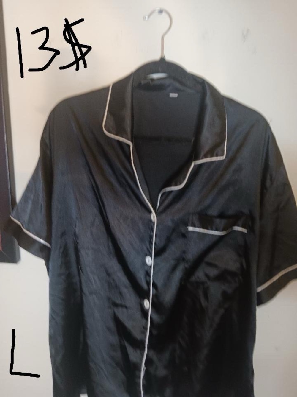 Black Satin Button-Up Pajama Top with White Piping